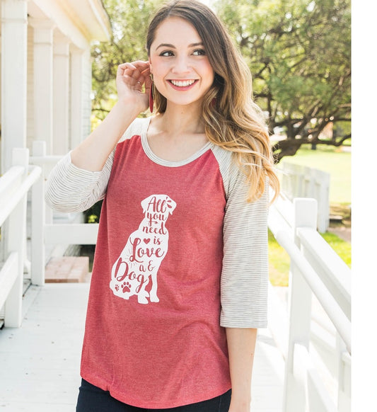 "All You Need is Love and a Dog" T-shirt, Raglan with Striped Sleeves