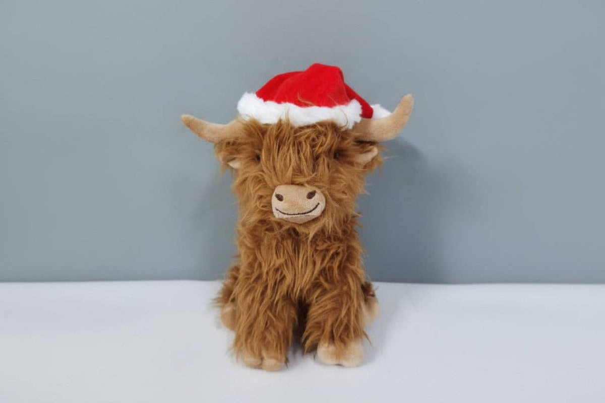 Multipet Holiday Santa Highland Cow Shaggy Plush Dog Toy 8"