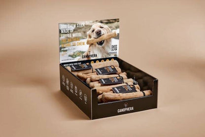 Shelf Display Filled With 16 Coffee Wood Dog Chews.