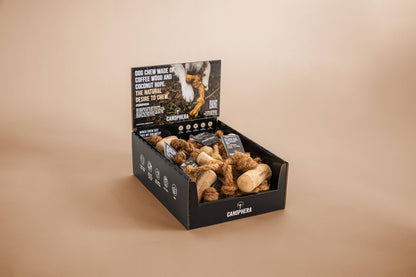 Shelf Display Coffee & Coco Wood Dog Chew 16-piece.